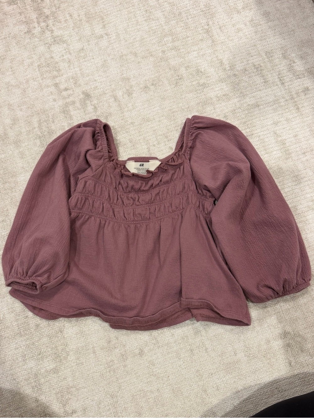 H&M Dusty Mauve Smocked Puff-Sleeve Blouse